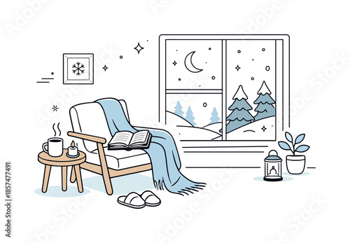 Cozy Winter Corner. Winter cozy home scenes. Modern minimal interior showing a chair, blanket and open book by a large window, expressing calm winter comfort.