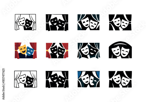 Masked Theater Icons. A live theater performance with actors wearing masks. Icon set. Set Logo of A live theater performance with actors wearing masks: