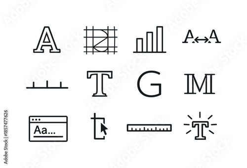 Typography Icon Set. Fonts at the Forefront. Line icon set of Fonts at the Forefront: letter A outline, typography grid, font weight bars, kerning arrows,