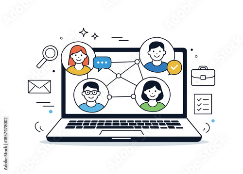 Digital Team Building. Hiring and Teamwork Themes. Open laptop with smiling avatar icons and connection lines, representing remote team building and digital