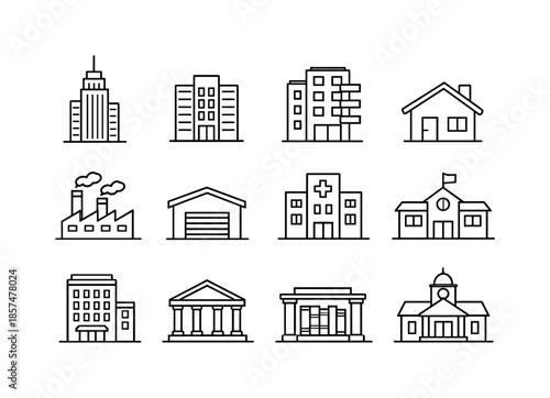 Building Line Icon Set. Building. Line icon set of Building: skyscraper, office building, apartment block, house, factory, warehouse, hospital, school, hotel,