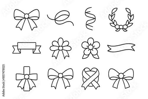 Decorative Ribbon Icons. Decorative ribbons. Line outline icon set of decorative ribbons: tied bow, looping