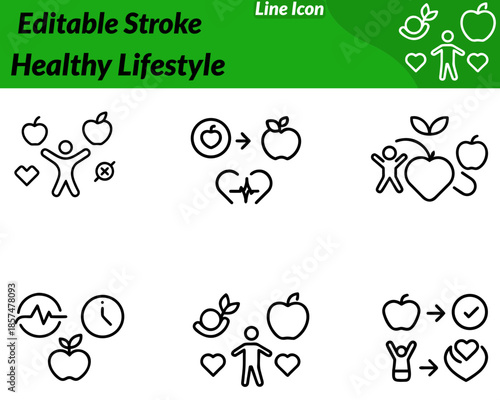 A modern healthy lifestyle icon featuring a heart leaf active human figure combined with wellness elements. Designed with clean minimal lines to represent balanced living fitness nutrition mental.