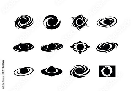 Celestial Logo Variations. Celestial bodies. Icon set. Set Logo of celestial bodies: black hole silhouette. harmonious logo variations of the same emblematic
