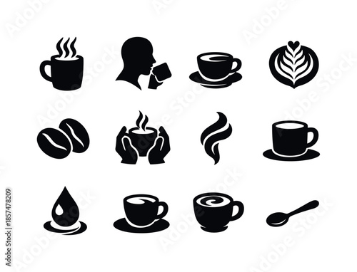 Coffee Icon Set. Coffee moments. Solid icon set of coffee moments: steaming mug, sip silhouette, cup on saucer, latte art rosette, bean pair, cozy hands, drink