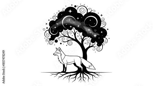 Illustration of a Fox Under a Tree.