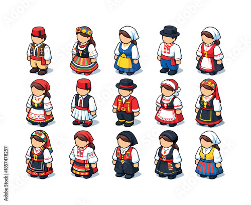 Folk Costume Icons. Folk costumes. Colorful isometric vector icons set of folk costumes: Balkan vest set, Polish folk dress, Swedish national