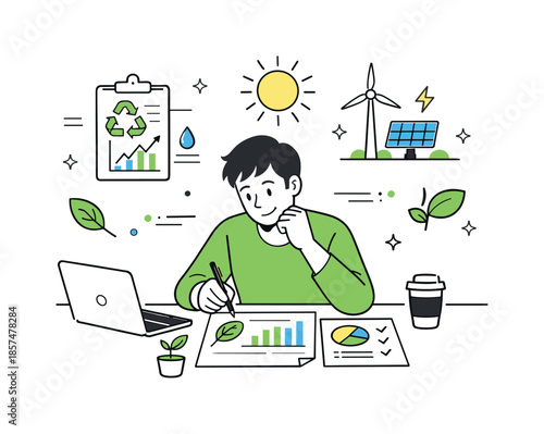 Eco Indicator Review. Environmental sustainability strategy. Person reviewing eco indicators and energy charts, focused work with thoughtful and optimistic