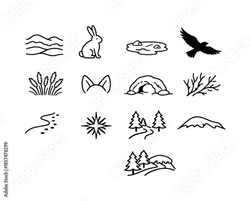 Winter Animal Icons. Snowy landscapes with animals in winter habitats. Line icon set of snowy landscapes with animals in winter habitats: snow ridge layers,