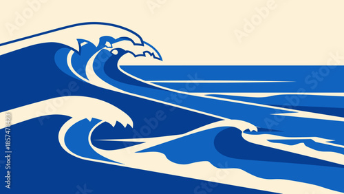 Large Ocean Wave Crashing Blue Illustration.