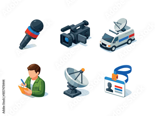 Isometric News Icons. News Reporting. Isometric flat vector icons set of News Reporting: microphone, camera, news van, reporter with notepad, satellite dish,