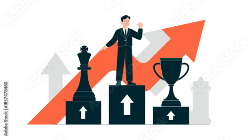businessman on a winner's podium with a chess piece and trophy