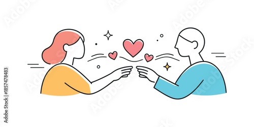 Abstract Connection. Love and connection. Two abstract characters gently reaching toward each other with heart and line elements floating between them,