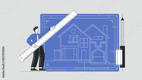 architect with a large ruler on a house blueprint vector illustration