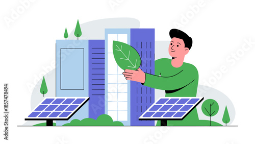 man holding a leaf in front of a green city building with solar panels