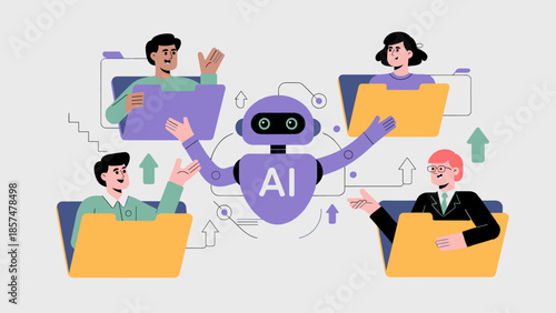ai robot organizing user profiles in folders vector illustration, automated data management and collaborative platforms