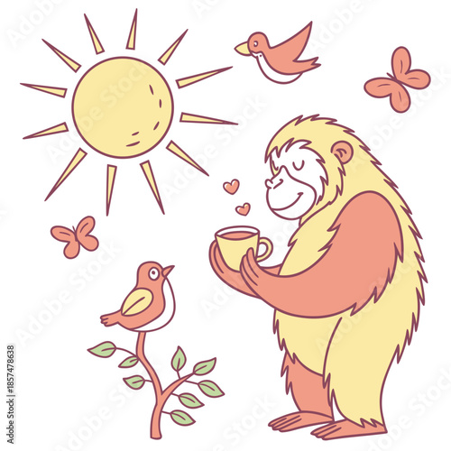 SVG art: A Amused Gorilla in a Morning sunshine vibe with holding a heart, tinted with Sunny Mornings tones