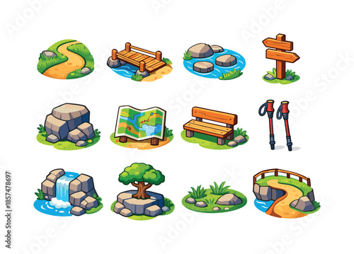 Valley Trail Icons. Valley Trails. Colorful isometric vector icons set of Valley Trails: dirt path, wooden footbridge, stepping stones, signpost, viewpoint