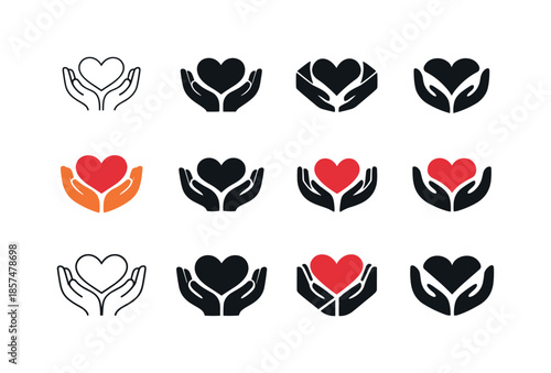 Grateful Heart Icons. grateful heart. Icon set. Set Logo of grateful heart: heart with open palms. harmonious logo variations of the same emblematic concept,