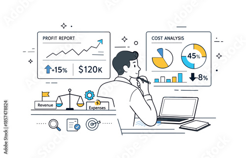 Analyst Reviewing Dashboards. Financial reporting and analysis. Analyst reviewing dashboards with profit and cost indicators, focused and analytical mood.