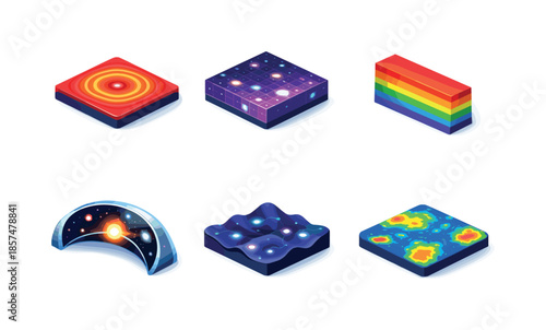 Deep Space Icons. Deep space observation. Isometric flat vector icons set of deep space observation: infrared scan waves, distant universe grid, light spectrum