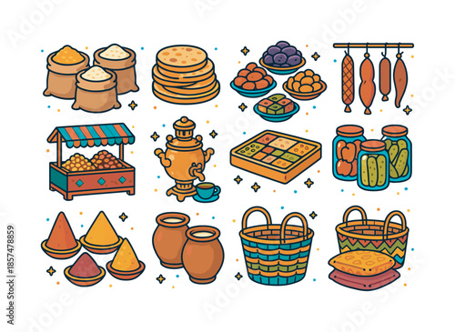 Colorful Bazaar Icon Set. Traditional bazaar foods. Colorful isometric vector icons set of Traditional bazaar foods: sacks of grains, flatbread stack, dried
