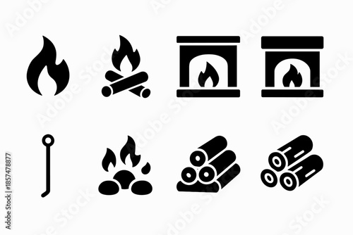 Home Fireplace Icons. Home fireplace pack. Filled icon set of Home fireplace pack: fire flame, logs, chimney,