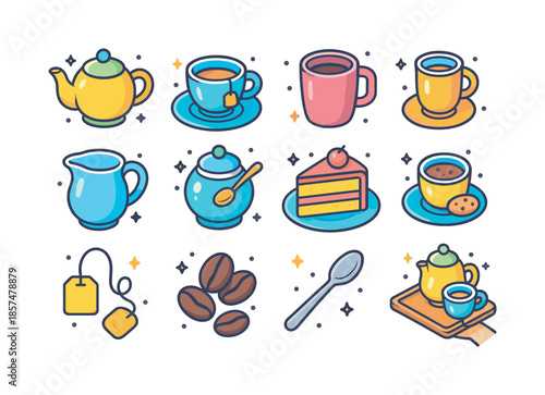 Tea and Coffee Icons. Tea and coffee with cake. Colorful isometric vector icons set of Tea and coffee with cake: porcelain teapot, tea cup with saucer, coffee