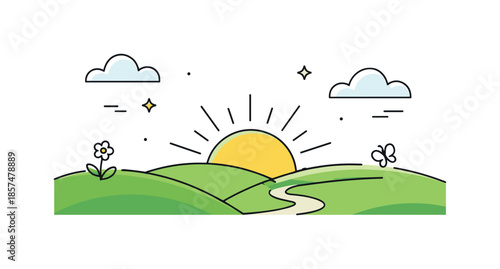 Serene Spring Landscape. Spring minimal landscape. A simple editorial scene with rolling green hills, a rising sun, and light clouds. The illustration feels
