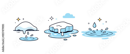Melting Into Spring. Seasonal thaw illustration. Snow and ice elements gradually melting, blending into simple water shapes and droplets, expressing calm
