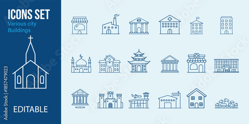 Outline icons set of various city buildings and public establishments for web and app design
