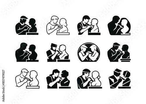 Sculptor Icons Showcase. Sculptors shaping their creations. Icon set. Set Logo of Sculptors shaping their creations: sculpting studio scene. harmonious logo