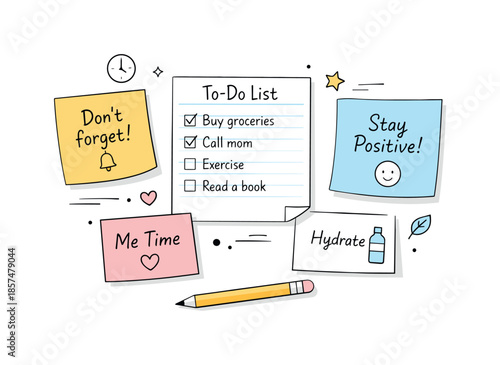 Organized Notes Layout. To-do list and reminders concept. Simple sticky notes and paper sheets arranged with a pencil and minimal icons, expressing daily tasks