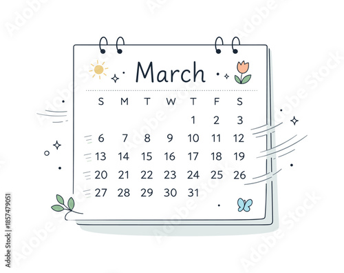 March Calendar Flow. March calendar illustration. A simple wall calendar with dates softly emphasized and light motion lines suggesting passing days. Sense of
