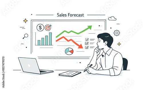 Sales Forecasting Analysis. Sales forecasting analysis. Analyst examining sales curves and indicators on a screen, concentrated and analytical mood. Upward and