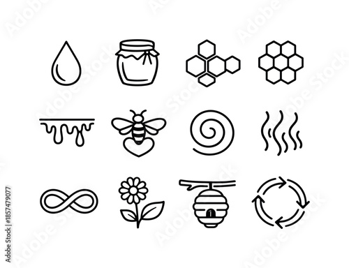 Honey Bee Icons. How bees make honey. Line icon set of symbolic honey motifs: honey droplet, honey jar, honeycomb cluster, hex pattern icon, dripping honey