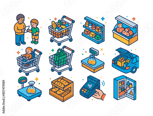 Family Grocery Icons. Family grocery routine. Colorful isometric vector icons set of family grocery routine: parent and child holding list, shopping cart with
