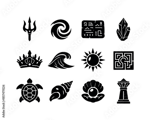 Atlantean Icon Collection. Atlantean myth. Solid icon set of Atlantean symbols: trident emblem, ocean spiral, ancient tablet, crystal shard, sea crown, wave