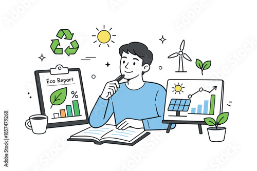 Eco Indicator Review. Environmental sustainability strategy. Person reviewing eco indicators and energy charts, focused work with thoughtful and optimistic