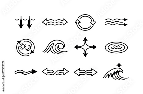 Ocean Movement Icons. Riptides. Line icon set of ocean movement symbols: pull-back arrows, outward surge, looping current, energy flow lines, tide cycle icon,