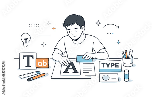 Calm Typography Workflow. Typography Design Process. A focused character arranging letters and text blocks on a clean workspace, showing thoughtful composition
