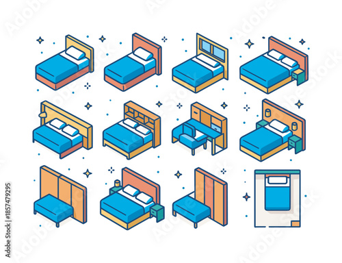 Isometric Headboard Ideas. Small bedroom headboard placement. Colorful isometric vector icons set of Small bedroom headboard placement: bed pushed into corner,