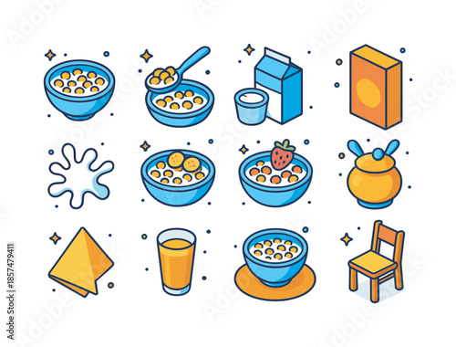 Colorful Breakfast Icons. Eating cereal with milk. Colorful isometric vector icons set of eating cereal with milk: bowl of cereal with milk, spoon scooping