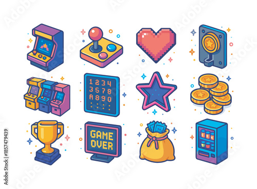 Retro Arcade Icons. Retro arcade tournament. Colorful isometric vector icons set of retro arcade tournament: classic arcade cabinet, joystick and buttons close