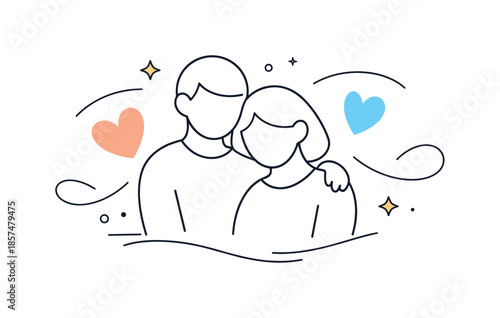 Minimalist Romantic Illustration. Romantic mood. Two figures surrounded by soft heart shapes and curved lines, suggesting affection and warmth without literal