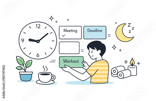 Organized Harmony. Time management and wellbeing. Character organizing schedule cards and a simple clock, with calm symbols of rest nearby. Sense of control,