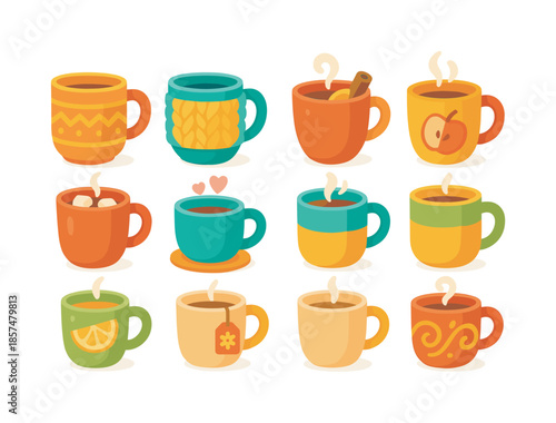 Cozy Mug Icons. Cozy mugs. Colorful flat vector icons set of cozy mugs: patterned mug, knitted mug sleeve, warm cinnamon tea, apple cider cup,