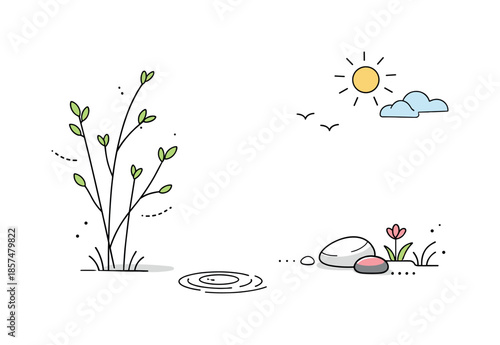 Early Spring Subtlety. Early spring subtlety. A clean editorial scene with quiet nature details like small buds, thin branches, and calm open space. The mood