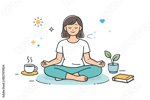 Daily Wellness Ritual. Daily self-care routine. A character engaging in a simple wellness habit like stretching, breathing, or journaling. Slow rhythm, gentle