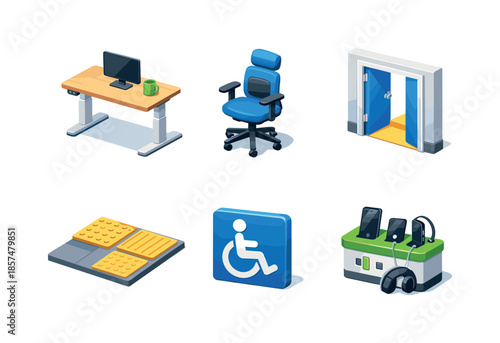 Accessible Workplace Icons. Accessible workplace. Isometric flat vector icons set of accessible workplace: height-adjustable desk, ergonomic chair support,